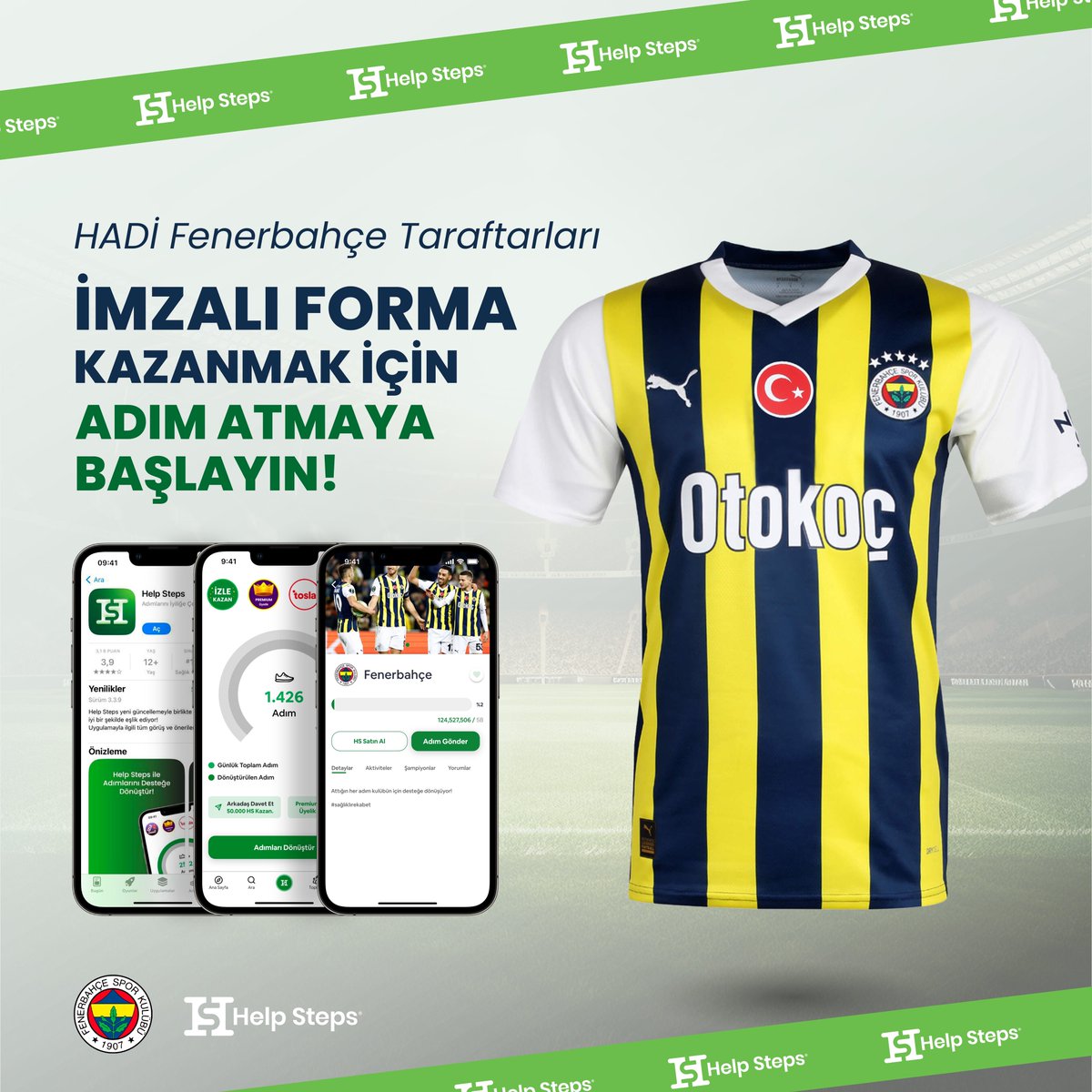 💛💙Hadi Fenerbahçe taraftarları, forma kazanmak için adım atmaya başlayın! 👟👕 Bu hafta, Fenerbahçe’ye en fazla adım gönderen taraftara imzalı forma hediye ediyoruz. Yaptığınız her adımla Fenerbahçe'ye destek olun ve forma kazanın! 💪🏻