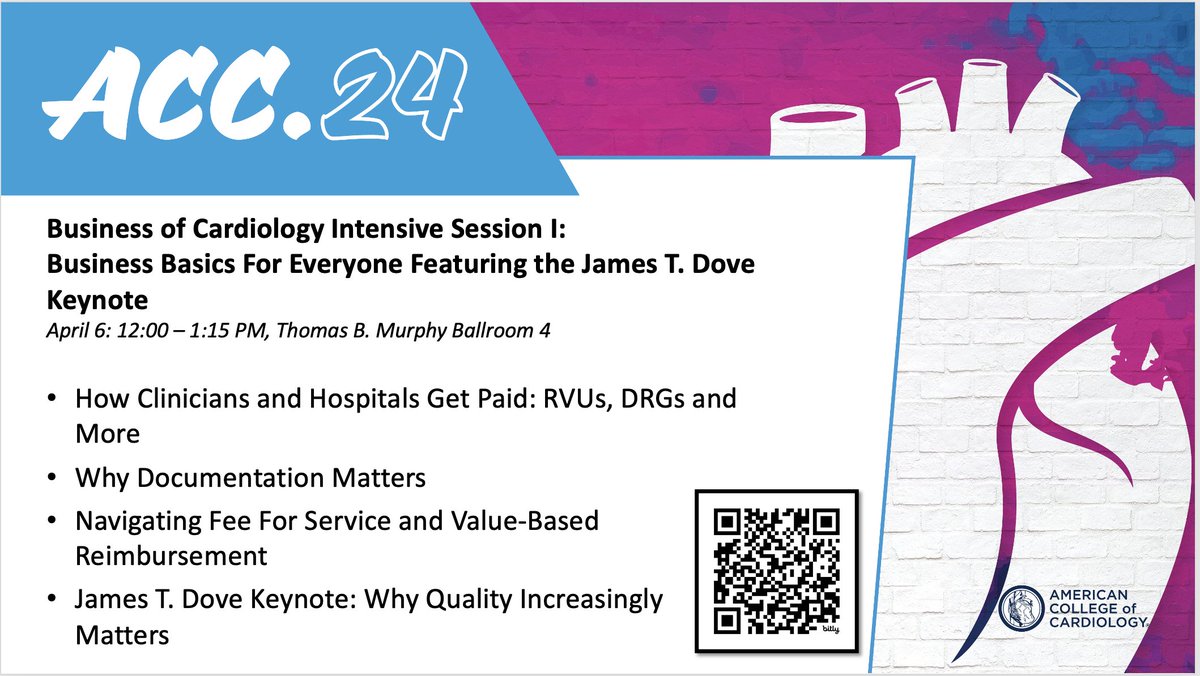 Welcome to #ACC24!! Join us in the Business Intensive ❤️❤️ TODAY 12-3 PM ❤️❤️ to discuss the things we all NEED to know to improve patient care, outcomes and our own wellness! @ACCinTouch @tygluckman #CardioTwitter #ACCCVManage