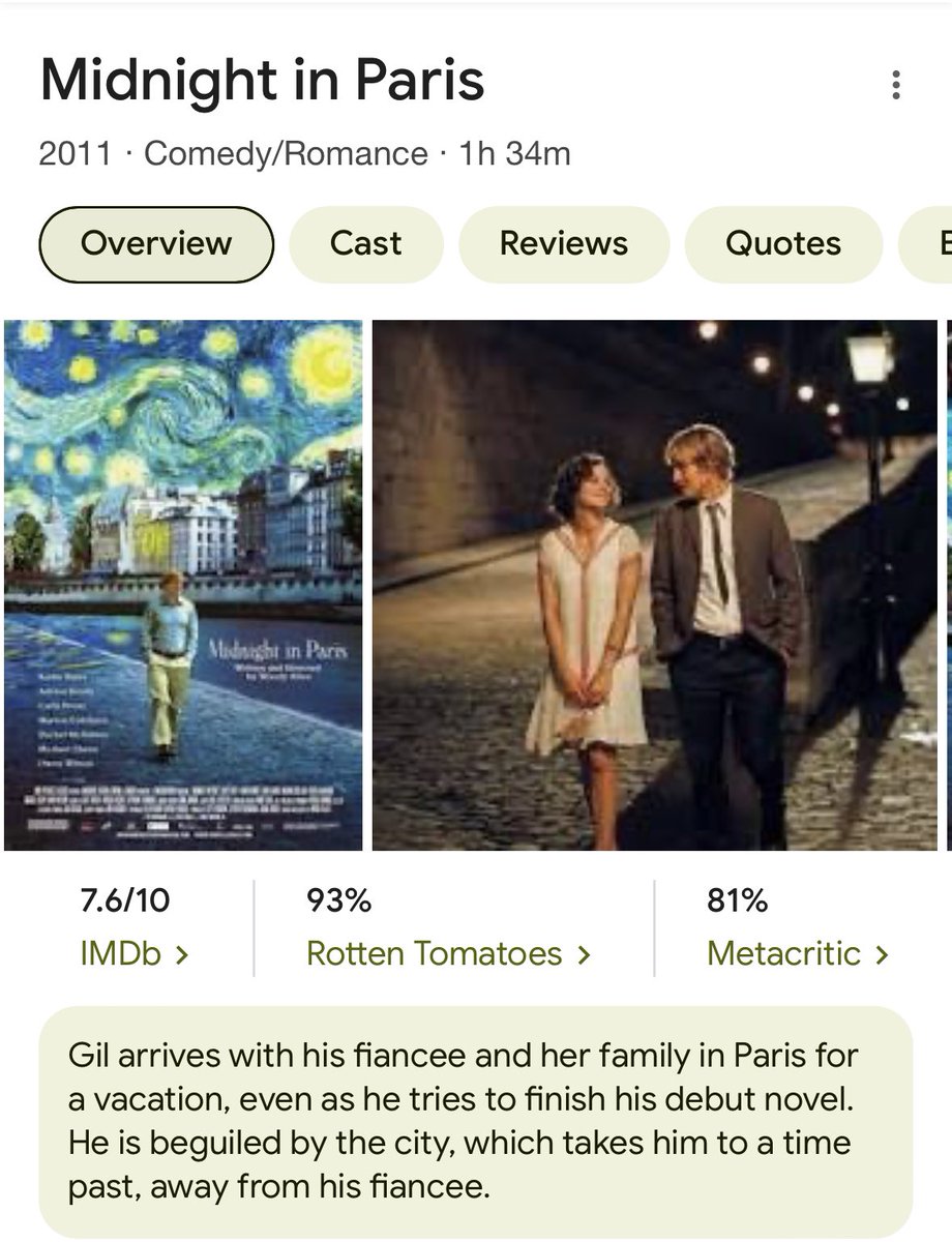 แนะนำหนัง Midnight in Paris 
พระเอกชอบยุค 20’s มากเพราะเป็นยุคเฟื่องฟูงานวรรณกรรม พอเที่ยงคืนในปารีสก็ได้ย้อนไปยุคนั้นจริงๆ 
เจอสาวยุคนั้นที่เป็นลูกศิษย์ coco chanel ด้วย ..แต่สาวเจ้าบอกว่ายุคนี้ไม่เห็นจะดี ต้องยุค Belle Epoque สิ (1870’s) ถึงจะสวยงาม
หนังรอมคอมที่ดีฮะ