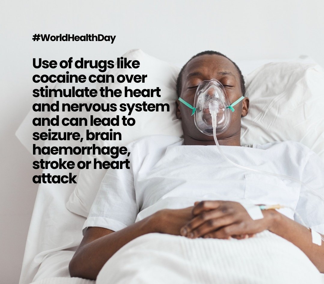 Use of drugs like cocaine can over stimulate the heart and nervous system and can lead to a sizure, brain haemorrhage, stroke or heart attack. 
#WorldHealthDay
#HealthyNursingEnvironment
#NNCRwanda2024