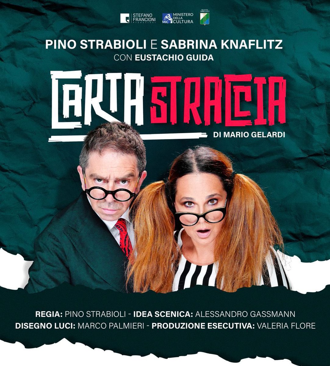 L’attesa è quasi finita 
per la prima nazionale di #PinoStrabioli e #SabrinaKnaflitz  
in scena stasera ore 21:00 
nella splendida cornice del #TeatroComunale di #Atri 
con « Carta Straccia »
#DaNonPerdere ✔️