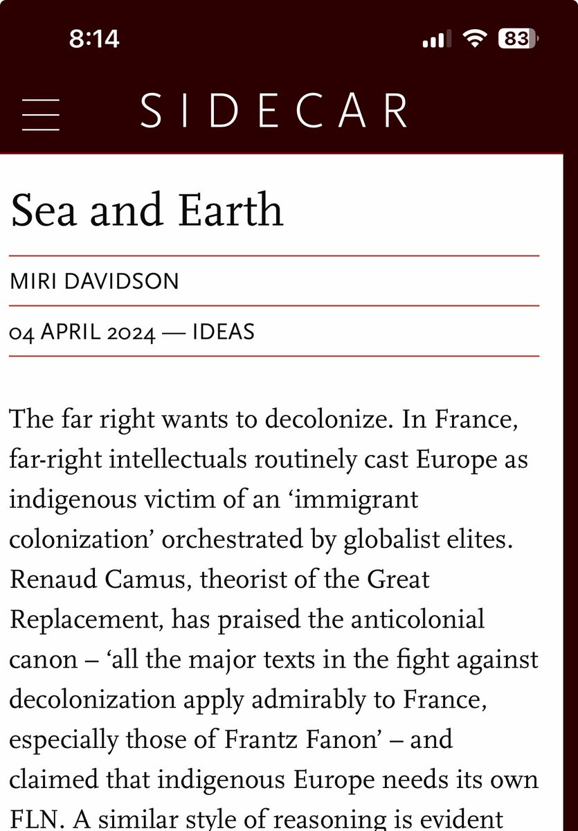 Matthuber78's tweet photo. Fascinating essay on how decolonial theory —in vogue in the academic ‘left’—is being embraced by the far right.

Important reminder of how far this all is from many “quintessentially modern” mid-20th Century anti-colonial movements. https://t.co/W3rhgzOvgc https://t.co/fenpdNlvUc