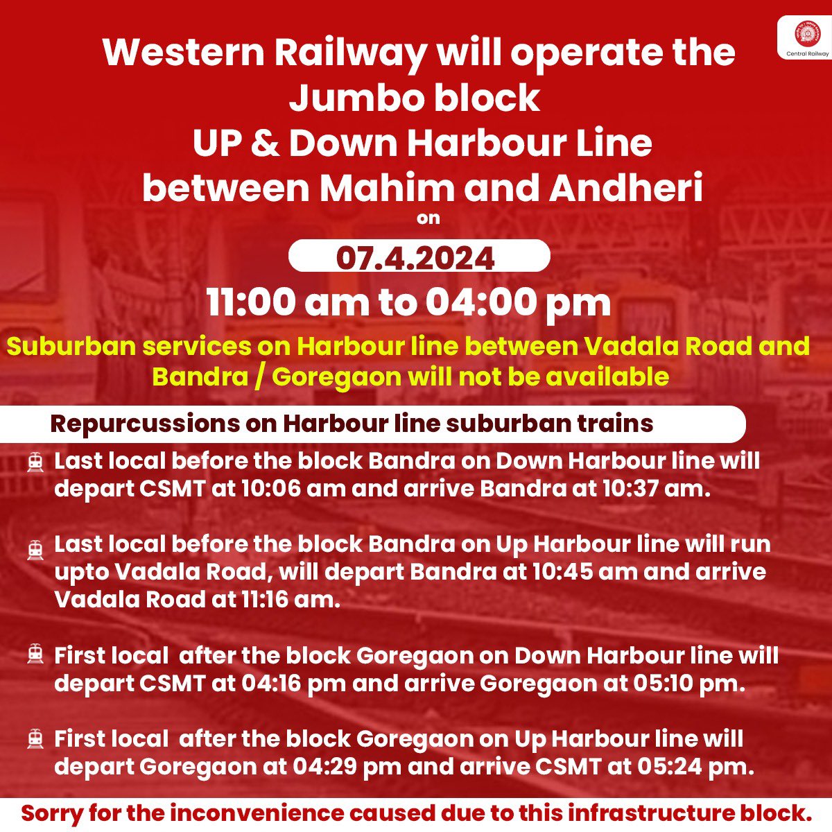 Central_Railway's tweet image. Jumbo Block Announcement!
Western Railway will operate on Up/Down Harbour line between Mahim and Andheri on 07.4.24 from 11:00 am to 4:00 pm.
P.S: Repercussions on harbour line suburban trains.
#JumboBlock #HarbourLine