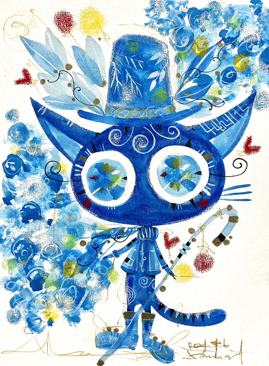 「水色の花束 」|ほんだ猫 (不思議風景と猫を描くぶるべり)のイラスト