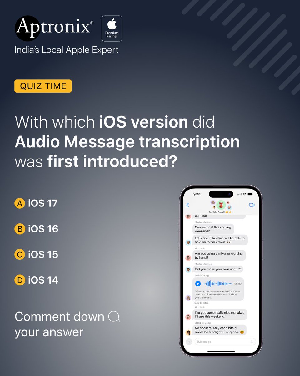 With which iOS version did Audio Message transcription was first introduced? ?

Comment down your answers👇

#Aptronix #Apple #AppleIndia #AptronixIndia #ApplePremiumPartner #IndiasLocalAppleExpert #iPhone #iOS #AudioMessageTranscription #iOSUpgrades
