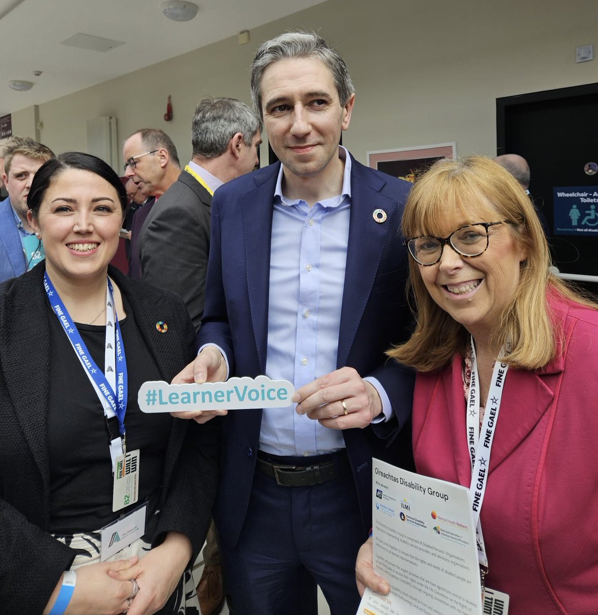 Emer Costello from Rehab Group with Dearbháil Lawless of @aontas meeting incoming Taoiseach @SimonHarrisTD at Fine Gael Ard Fheis today, ensuring the work of our services are put forward and the voices of the people we support are heard. #FGAF24 #ThriveAchieveShine #LearnerVoice