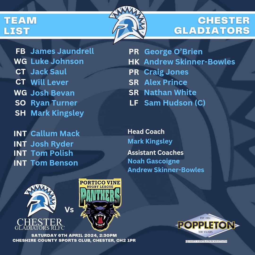 Your Gladiators who will be taking on Portico Vine today.

#WeAreChester