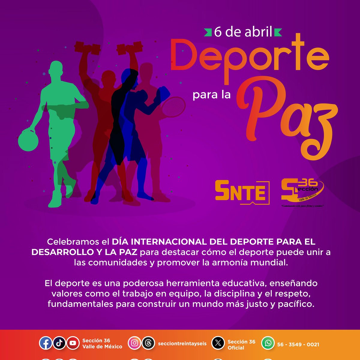 ⚽⛹🏻‍♀️ El deporte es una poderosa herramienta educativa, enseñando valores como el trabajo en equipo, la disciplina y el respeto, fundamentales para construir un mundo más justo y pacífico; hoy celebramos el Día Internacional del Deporte para el Desarrollo y la Paz. 🕊️ #6DeAbril