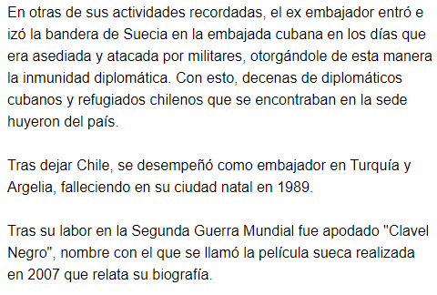 @ncastilo La referencia a la dictadura chilena es sobre los territorios de las embajadas, donde, si hubieran entrado, habría sido la barbarie completa. Ejemplo fue Harald Edelstam de Suecia🌱