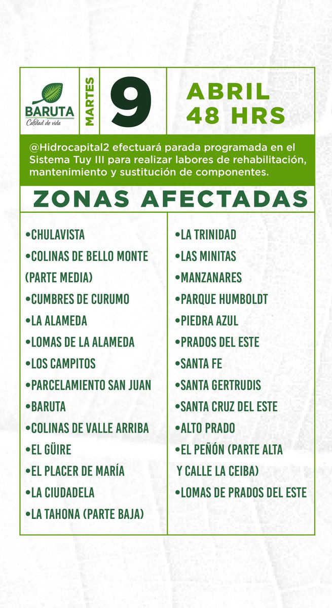¡Atención, baruteños! 

<a href="/HidroCapital2/">Hidrocapital</a> informa que el próximo martes, #9Abril, se efectuará una parada programada por 48 horas en el Sistema Tuy III para realizar labores de mantenimiento.

Les dejo las zonas que se verán afectadas en el suministro del agua en el municipio Baruta