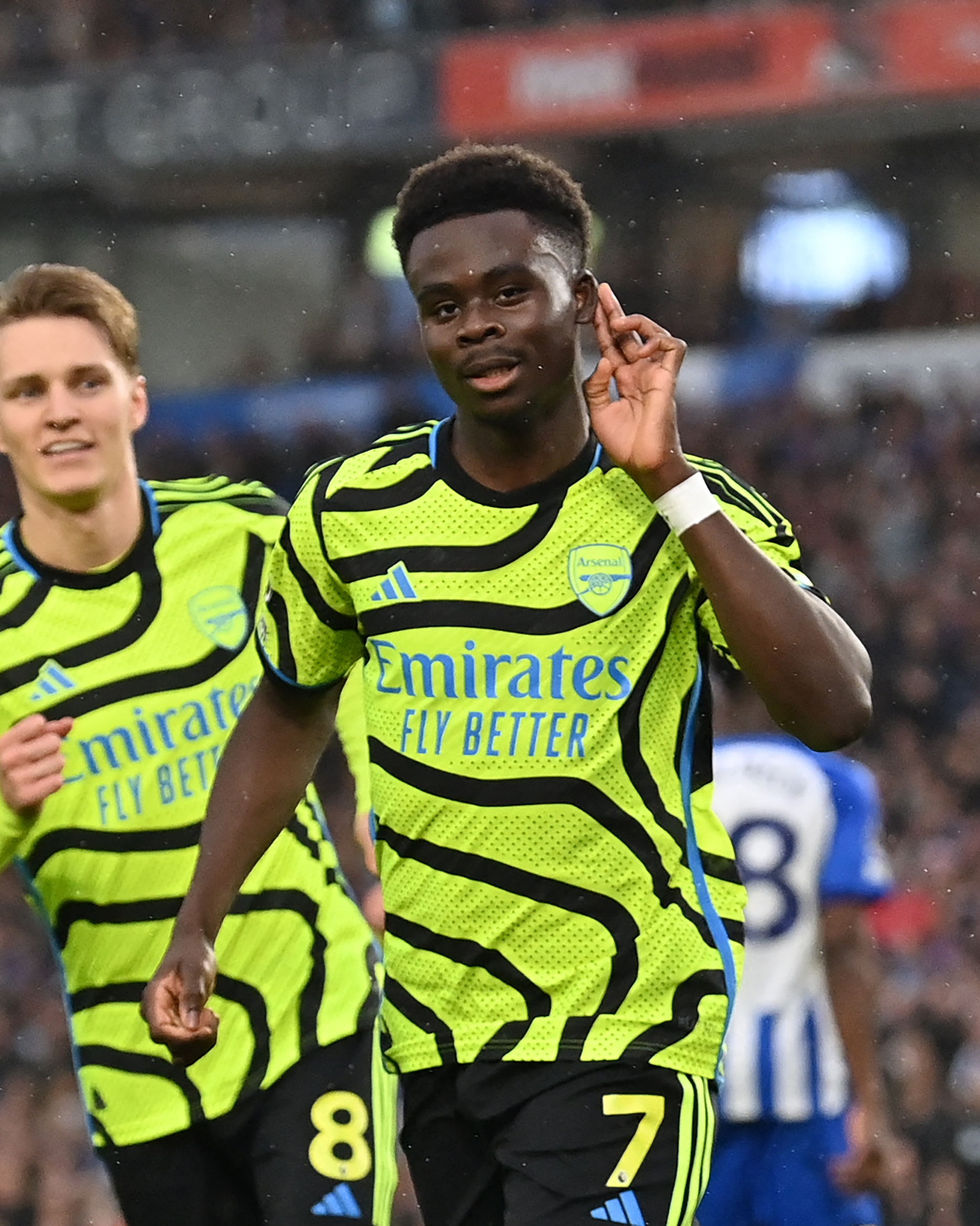 Bukayo Saka celebrates his goal against Brighton. 