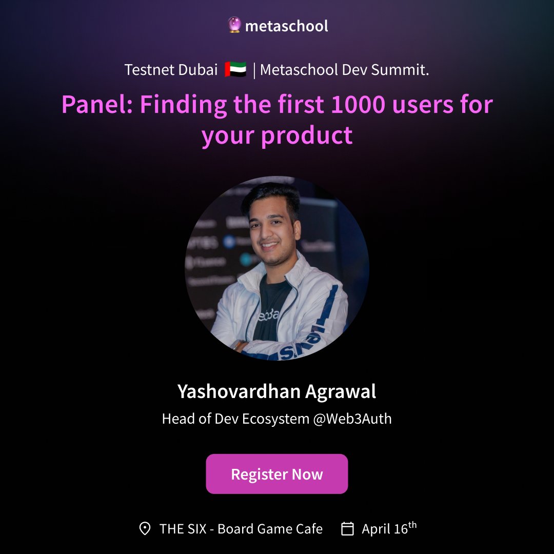 Devs, here’s another addition to the excellent speaker line-up at Metaschool’s @token2049 Dubai side event ‼️ Introducing @yashovardhan, Head of Dev Ecosystem at @Web3Auth. Agrawal will be joining us as a speaker at Testnet Dubai 🇦🇪 I Metaschool Mini Dev Summit on April 16th.…