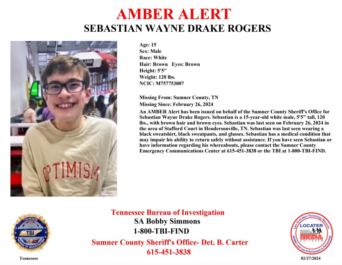 Search continues today for 15 year old Sebastion Rogers.
#SebastianWayneDrakeRogers
#SebastianRogers #Autism #StillMissing #BringSebastianHome #Hendersonville 
#Tennessee #MissingTeenager #Missing #MissingChild #MissingJuvenile #Juvenile #MissingPerson #TN #Teenager…