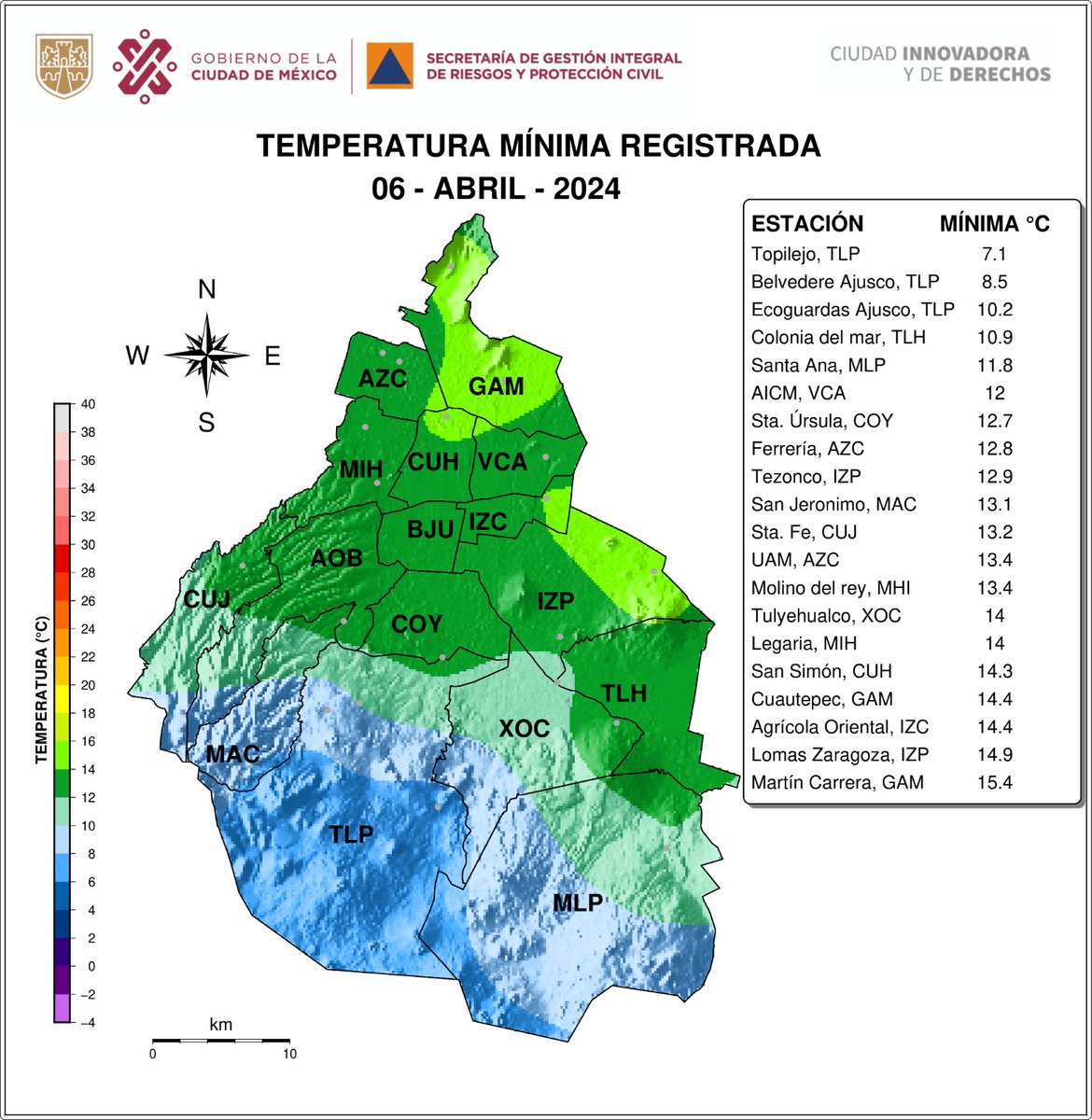 Distribución espacial de las temperaturas mínimas registradas el 06/04/2024 por las redes de estaciones de la SGIRPC, CONAGUA y SENEAM. #TrabajandoJuntos #LaPrevenciónEsNuestraFuerza