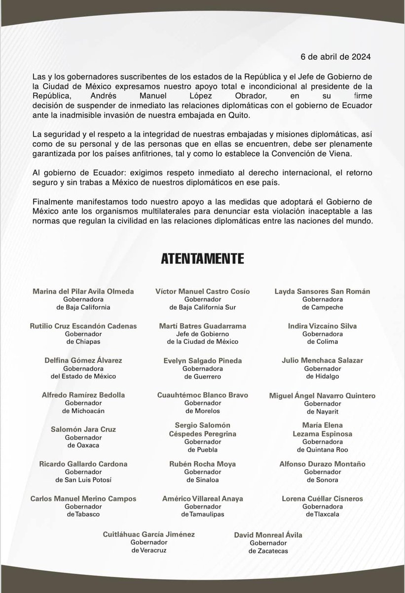 Entrar de forma ilegal y violenta a la embajada Mexicana en Quito, es algo inaceptable. Desde #Tlaxcala, el presidente <a href="/lopezobrador_/">Andrés Manuel</a> y el <a href="/GobiernoMX/">Gobierno de México</a>, cuentan con todo nuestro respaldo en su firme determinación de suspender relaciones diplomáticas con Ecuador. 

¡Esta violación