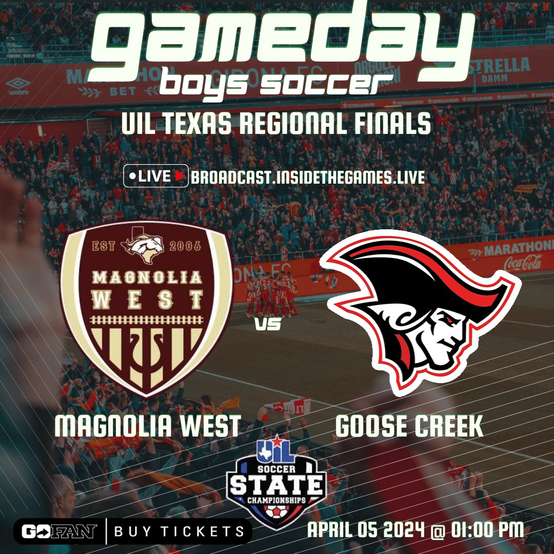 producn's tweet photo. 🚨 Gameday 
⚽ Magnolia West 🆚 Goose creek 
🎥 https://t.co/8aFiC6xHXk 
📅 04/06/2024 | 01:00 PM
@MWHSSoccer @MagISDAthletics @Jmorley36 @sumrall_amie @zlytton_MWHS @GCMBoysHoops https://t.co/y3y9eZKcD8