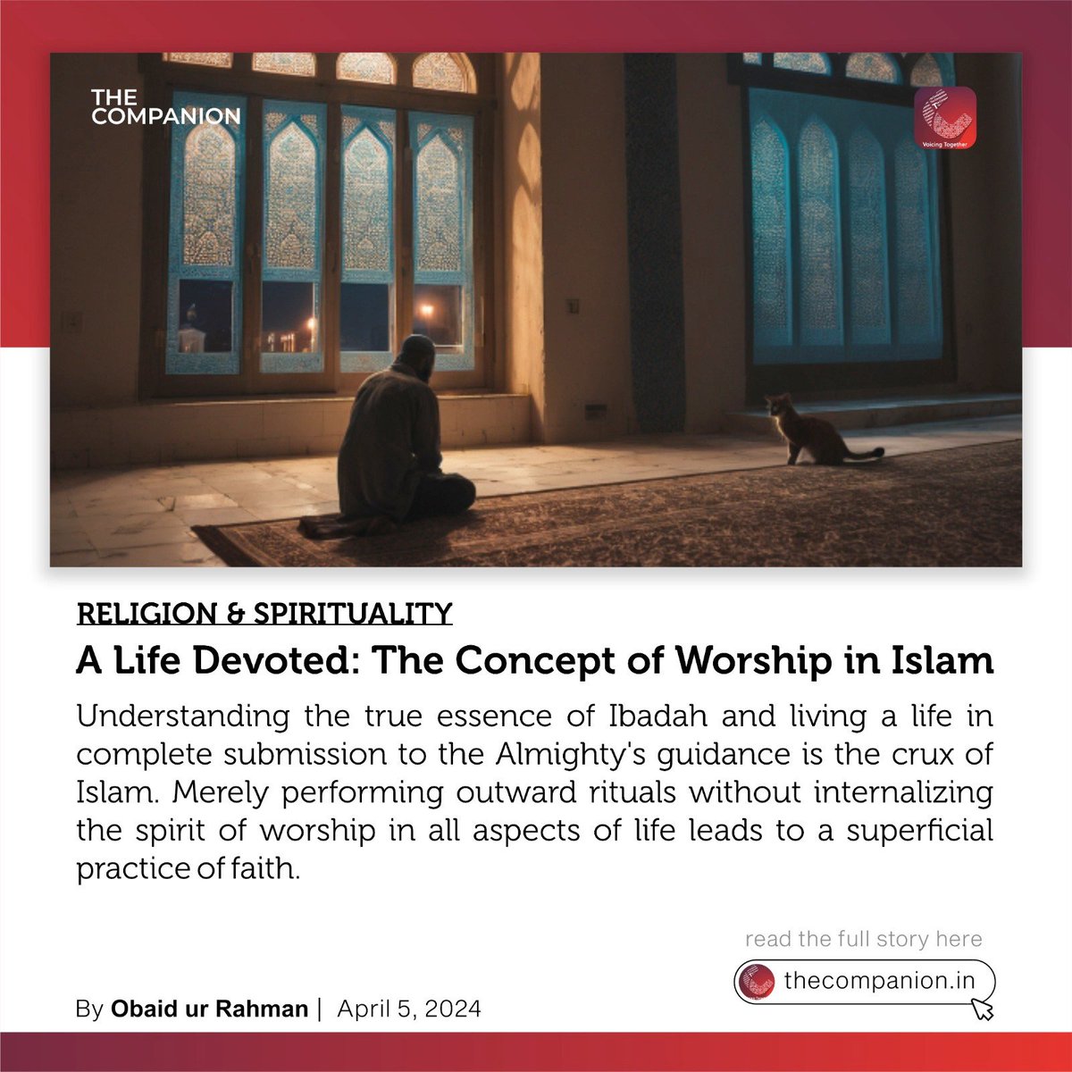 thecompanionn's tweet photo. A Life Devoted: The Concept of Worship in Islam

By @ObaidUrRahmn 
April 5, 2024

Read here: 
https://t.co/Fwc0HLSnPT

Send your pieces to editor@thecompanion.in

#Devotion #Islam #ALifeOfWorship #WorshipInIslam #submission #society #obedience https://t.co/IX5iSvLPj6