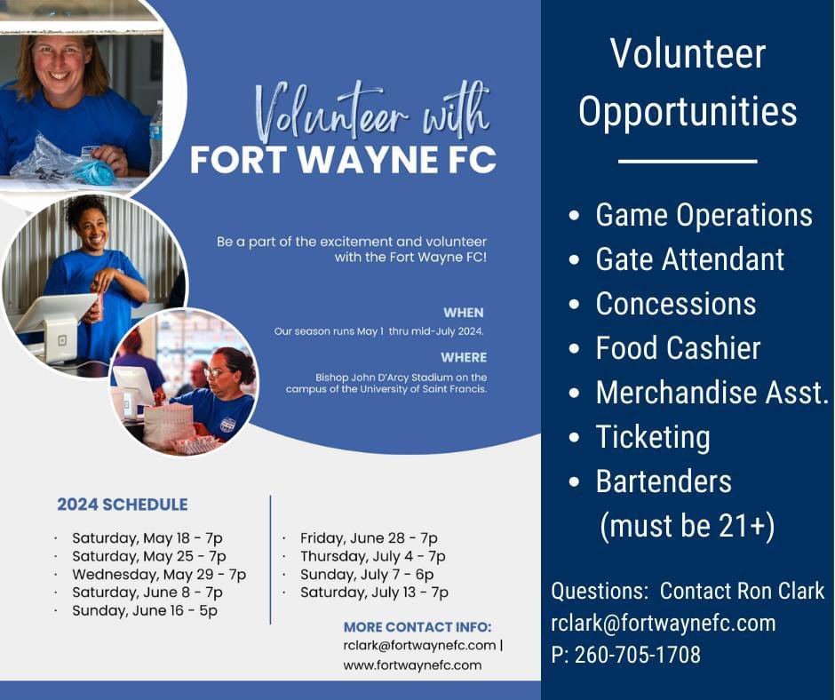 👀Looking for a fun job this summer? Volunteers are needed for the Fort Wayne FC 2024 season. Register online to pick your game and volunteer position. signupgenius.com/go/10C0C45AFAC…
