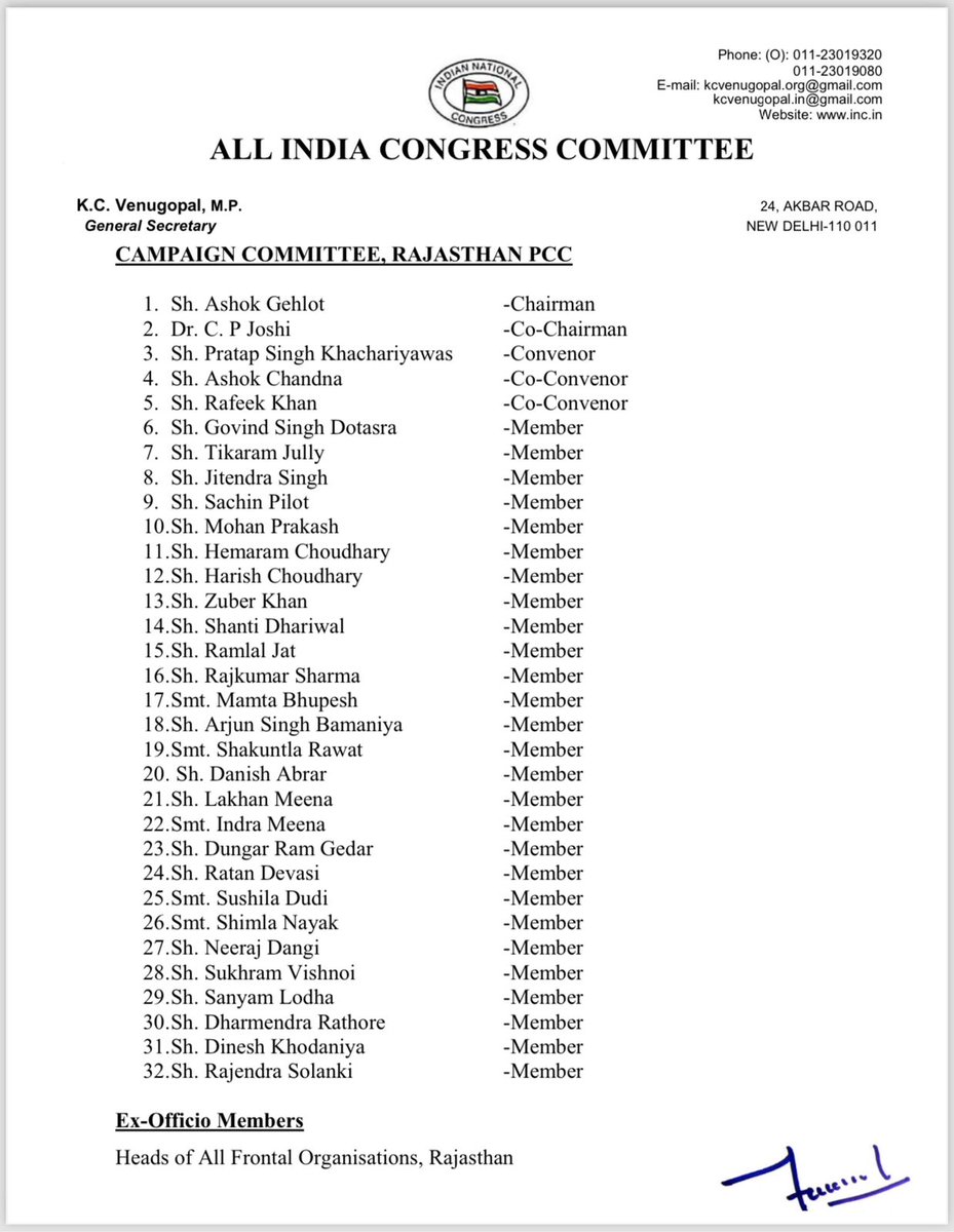 Hon'ble Congress President has approved the proposal for the formation of the Campaign Committee of the Rajasthan Pradesh Congress Committee for the General Elections, 2024, as enclosed, with immediate effect.