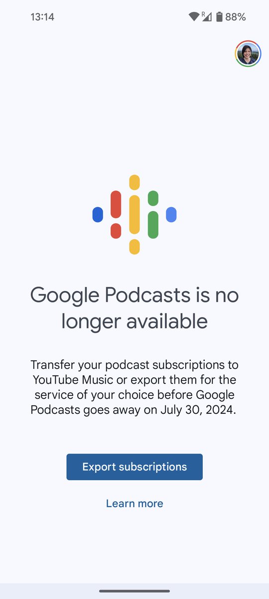 😮 <a href="/Google/">Google</a> Podcasts is being deprecated?!

I don't want to use YouTube music or Spotify for podcasts - for better work life separation. What podcast apps are folks using these days?