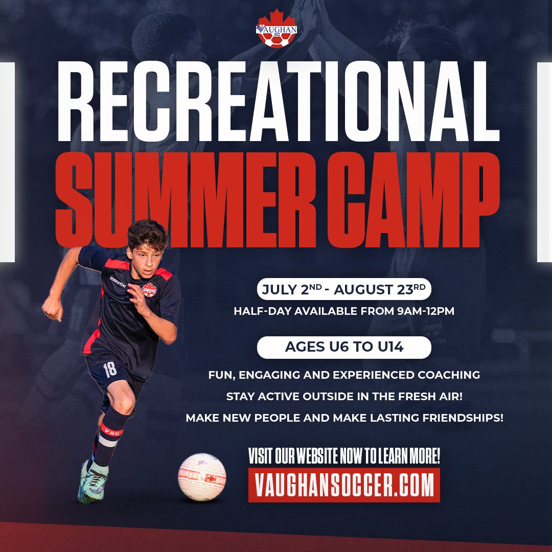 Recreational Summer Camp! 👀 What to expect? ⬇️ Fun, Engaging and Experienced Coaching Stay Active Outside in the Fresh Air! Make new people and make lasting friendships! vaughansoccer.com/2020/03/12/sum… Tailored for recreational players ages 5 – 14 (born 2019 – 2010) 👋 #WeAreVSC