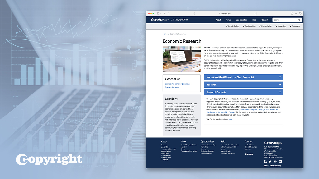 #DYK the Copyright Office has an Office of the Chief Economist (OCE)? OCE plays an integral role in helping achieve the Office’s goals in expanding access to the copyright system, honing our expertise, and enhancing our use of data. Learn more here: copyright.gov/economic-resea…