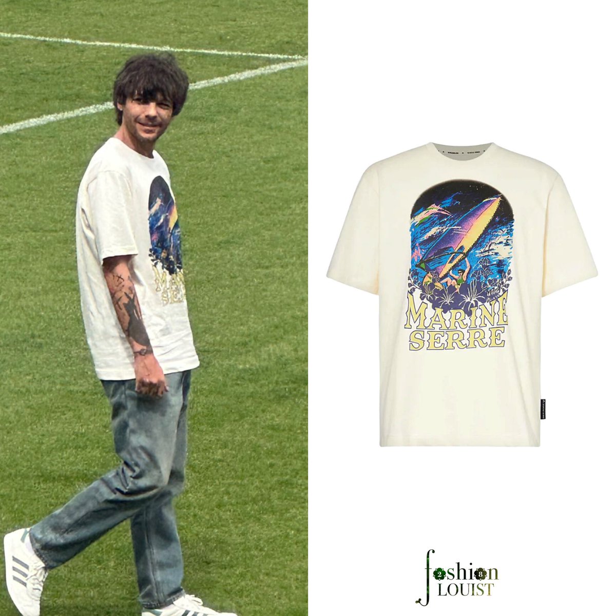 Louis is wearing a Marine Serre Organic Cotton Printed Crewneck T-Shirt in White in Argentina today. This T-Shirt has the brand’s seasonal print on front, with a black embroidered circle Moon logo at the back below the collar. — marineserre.com/en-int/product…