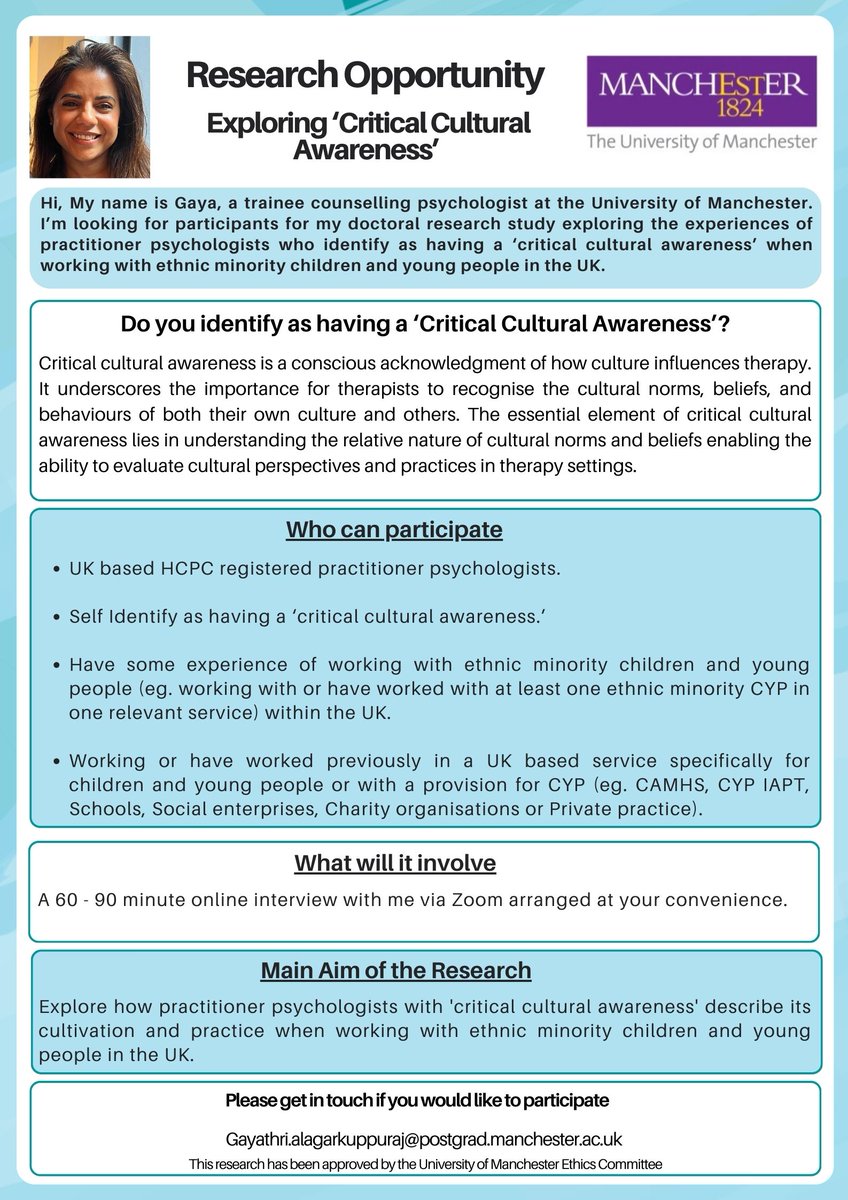 Calling all UK applied psychologists working with ethnic minority children and young people! Your perspectives on cultural awareness are vital for our research. Share your insights now. #CulturalPsychology #AppliedPsychology #EthnicMinorityCYP @Just_Psychology