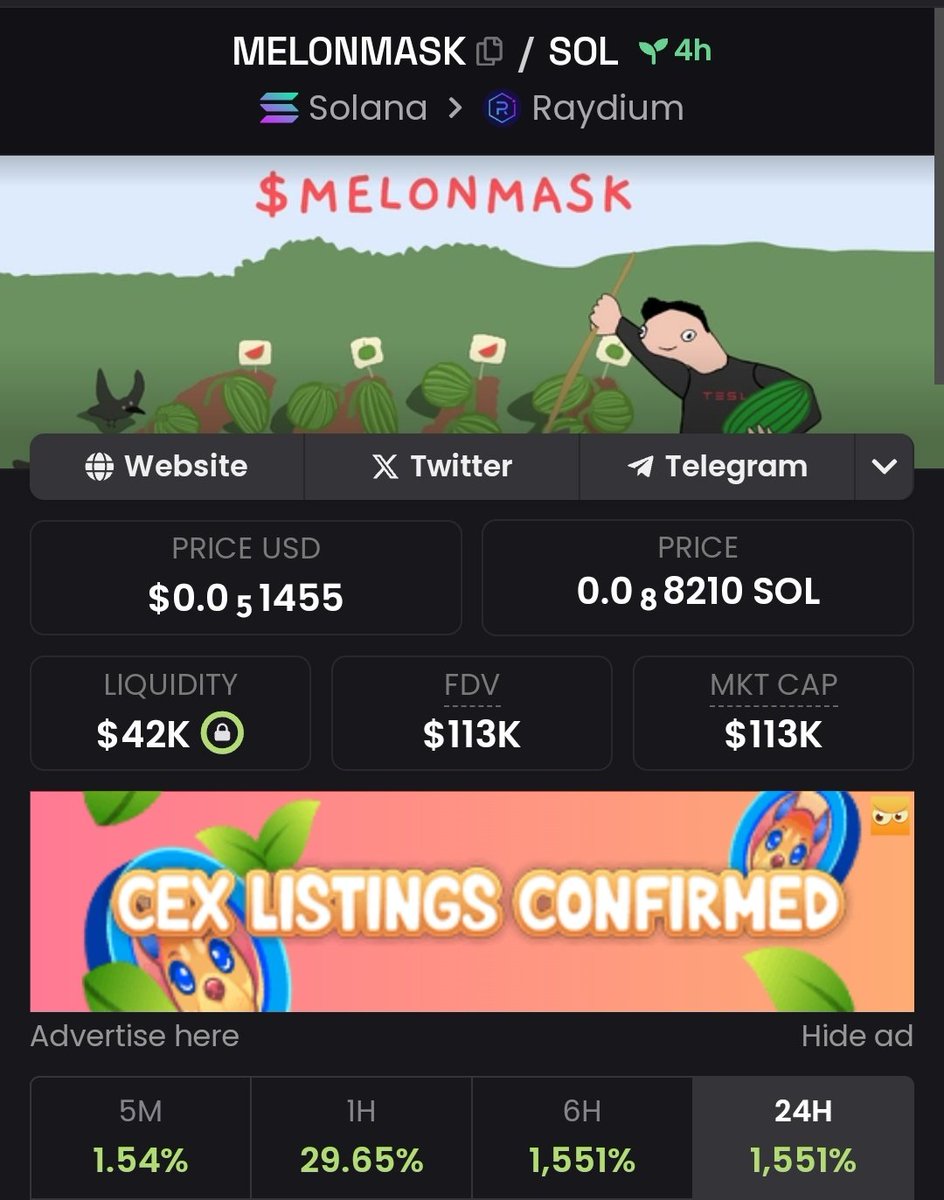 DaCryptoAgency's tweet photo. Checking out @melonmaskmeme on #sol share with me a good friend who has given us bangers in the past. Looks like a good meme with a good TICKR so scooped it up a bit 

Currently at 110k mcap and launched a few minutes ago, might do well 

💹https://t.co/HyxjNH7Fh1

🌐Web : https://t.co/kHAwPnXu78