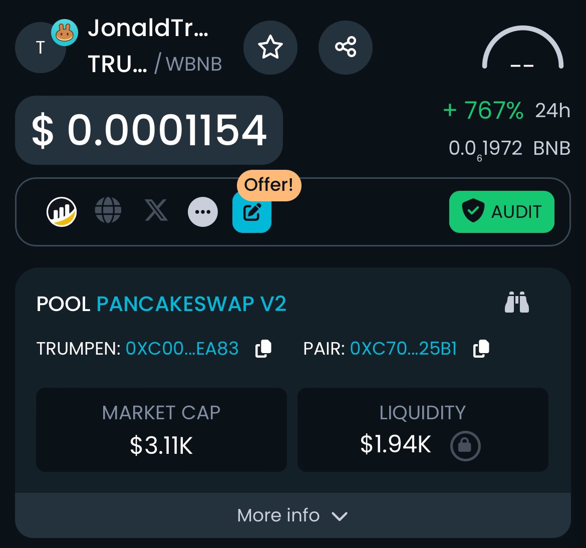 degen_finder's tweet photo. We are at an ATH! Join Jonald Trumpen because be Pumpin! #Trumpen #BSC
•41 Holders
•Current Market Cap: $3.11K
•Current LP: $1.94K https://t.co/tbYvtjZwkP