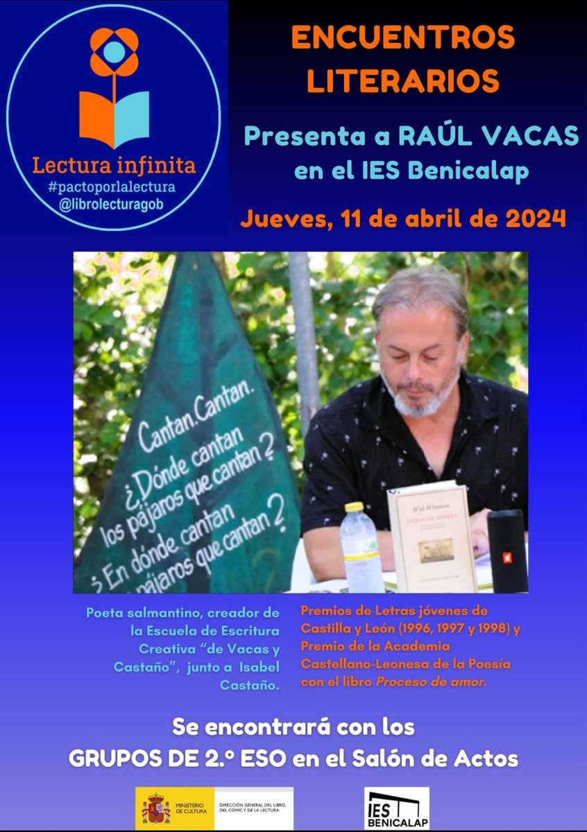 En el IES Benicalap @IBenicalap
nos complace recibir al escritor Raúl Vacas el próximo jueves, 11 de abril. Con ello, nos unimos a la iniciativa de los 'Encuentros literarios' promovida por el Ministerio de Cultura (cultura.gob.es/cultura/libro/…).
@librolecturagob #pactoporlalectura
