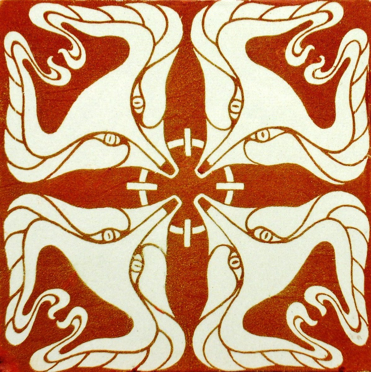 Art Nouveau tile from c. 1895 with four stylized fox heads by German painter and graphic designer Otto Eckmann (1865-1902).