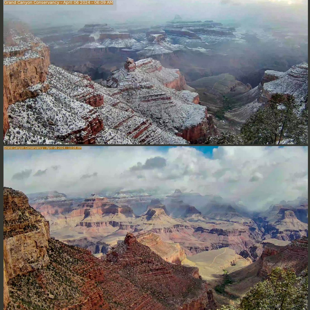 4 hours later and last night's snow is mostly gone! April weather at Grand Canyon can be full of unpredictable surprises. (Saturday 4/6/2024) We're expecting it to be clear and mostly sunny this afternoon and Sunday, with dry and slightly warmer temperatures. Spotty showers…