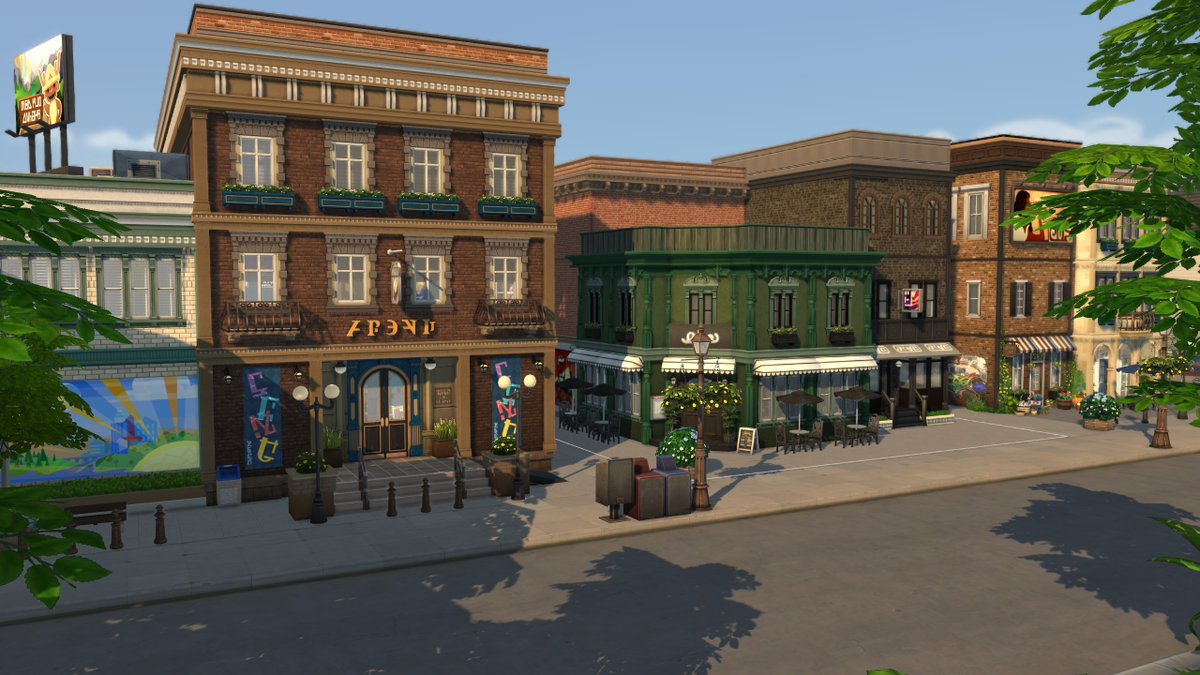 Pretty happy how this street is starting to look. WIP Restaurant (w. boutique and thriftstore next to it). 
The lot on the right is a cafe and flower shop, and to the left is the library with another cafe. 

#WIP #ShowUsYourBuilds #TheSims4