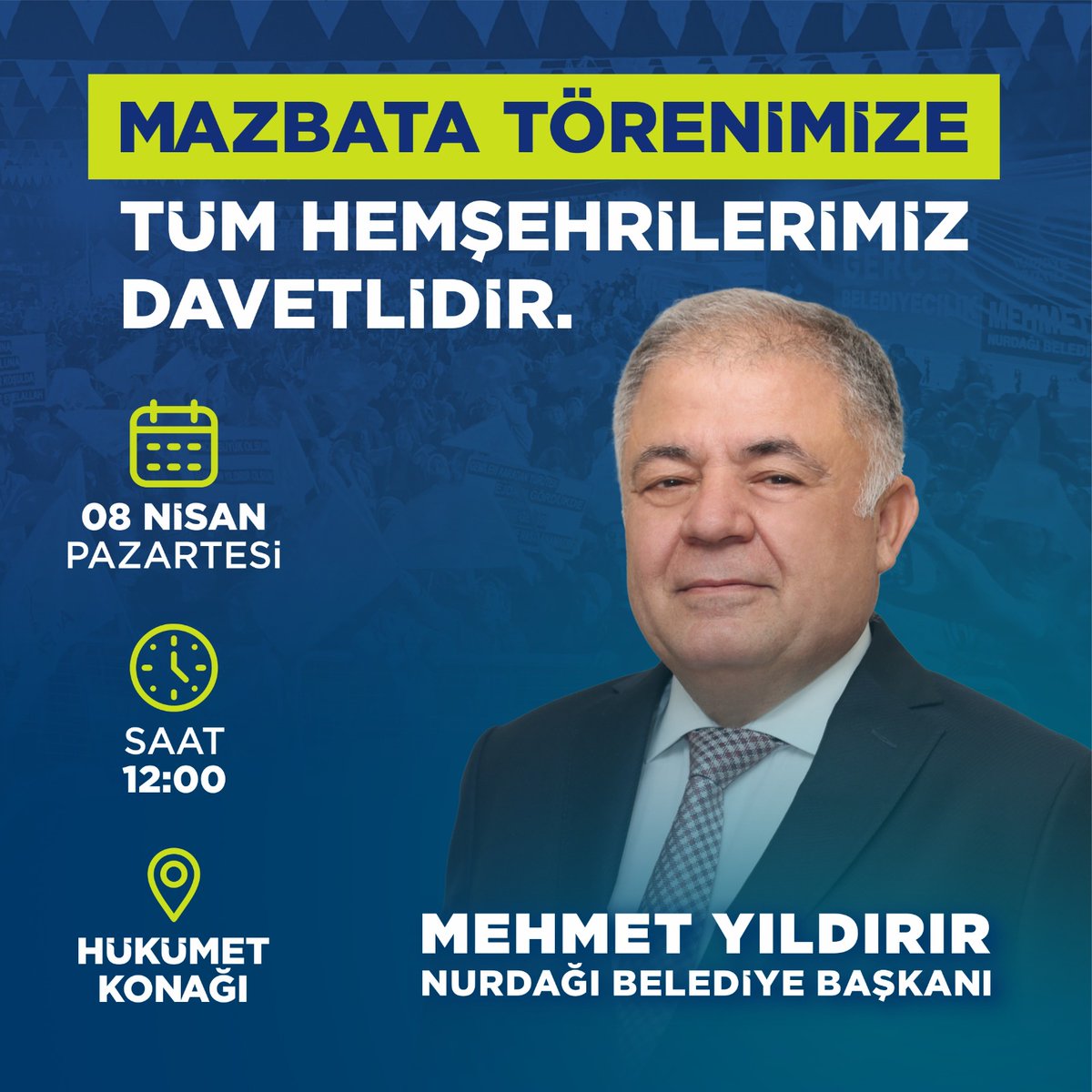 Beklenen gün geldi. Mazbatamızı alıyoruz. Tüm hemşehrilerimi 8 Nisan Pazartesi saat 12:00’ da Nurdağı Hükümet Konağı’na davet ediyorum. Sonrasında hep birlikte Nurdağı Belediyemize geçeceğiz.