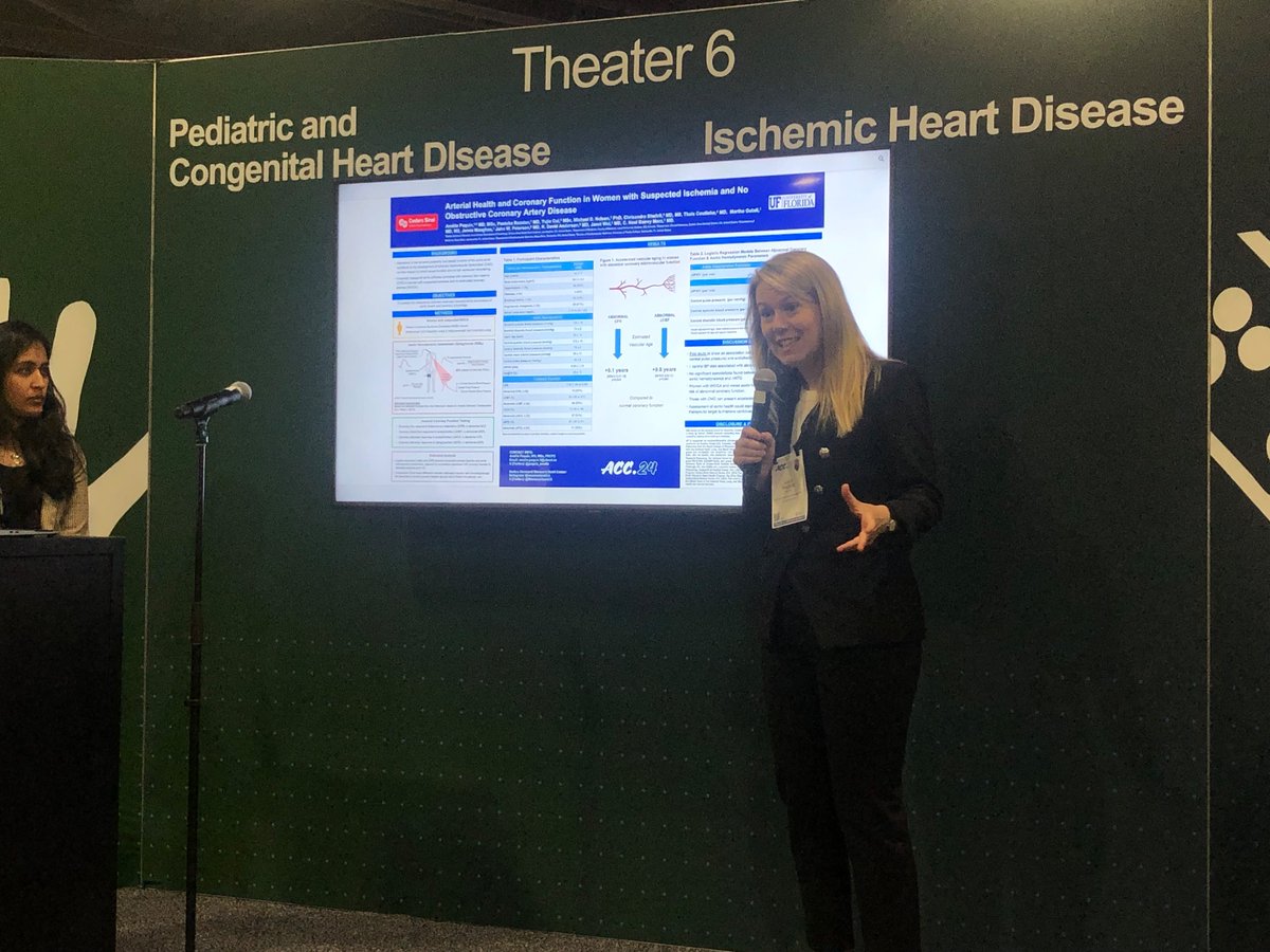 Passionately 🤭 explaining the relationship between arterial stiffness and endothelial coronary microvascular dysfunction in 🚺 with suspected INOCA at #ACC24, a contributor to CMD vs 2 markers of poor general vascular health?🫀 @WomensHeartCS