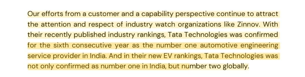 📌Tata Technologies #1 in automotive engineering service provider in India and #2 in the world (from recent concall)

Also, management said they are 'very bullish' from Q1 current FY

#TataTechnologies