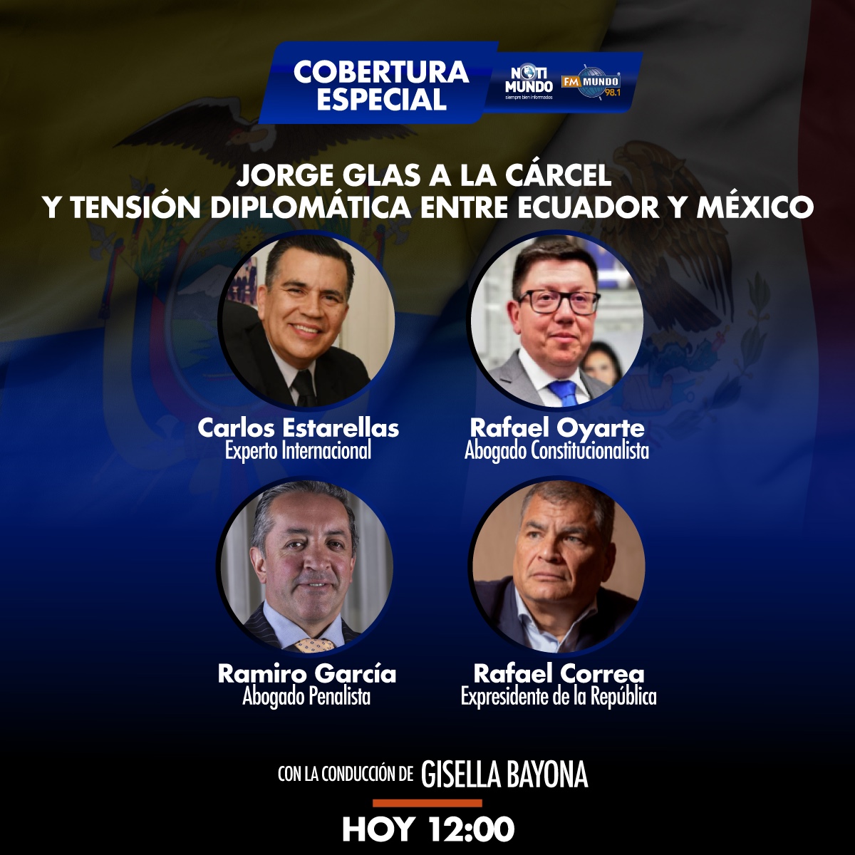 notimundoec's tweet photo. 🔊 #AlAire | Jorge Glas a la cárcel y tensión diplomática entre Ecuador y México

🎙️ @rafaeloyarte 
🎙️ @CEstarellasV 
🎙️ @ramirogarciaf 
🎙️ @MashiRafael 

📻 98.1 FM #Quito

🔗 https://t.co/65wD7eAOQz