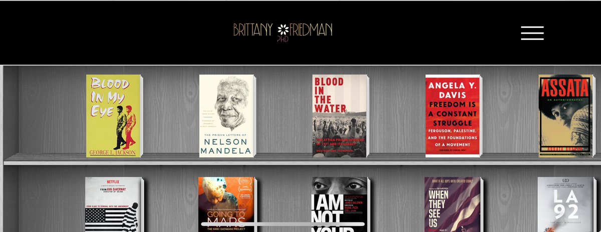 (1) I love reading and film. I’ve curated a bookshelf with some of my favorite film and scholarship. Books by @tressiemcphd @HajYazdiha @michaelsierraa @reubenjmiller @nvancleve Kiese Laymon, George Jackson & many more to films like @goingtomarsfilm 
brittanyfriedman.com/brittanys-book…
