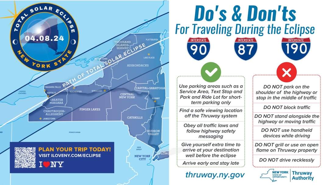 If you’re traveling for the Solar Eclipse and using the Thruway, here are some Do's and Don'ts. #TotalSolarEclipse For safety information, please visit iloveny.com/events/eclipse….
