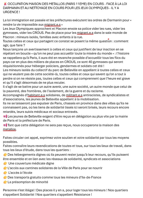 Occupation de la #MaisonDesMetallos par le collectif des mineurs isolés du parc de Belleville. Contre la politique du gvnt de nettoyage social à l'approche des #JOP2024 et le harcèlement policier contre les exilés à la rue et pour un hébergement durable.