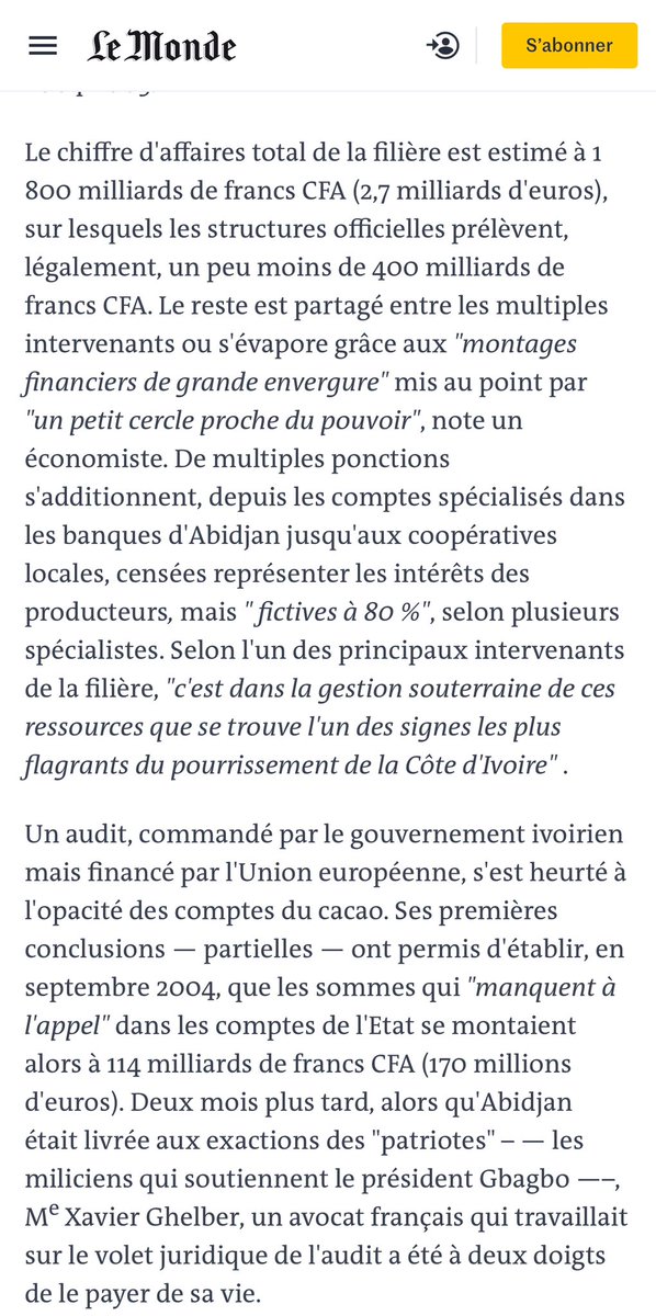 #Cacao

De 2000 à 2010, la filière du Cacao en #Ci225, gérée par des « paysans » a donné lieu à des détournements massifs de milliards de FCFA. Les riches de cette époque étaient passés du statut de planteurs à celui d’administrateurs des fonds du cacao. 

Entre 2000 et 2010,…