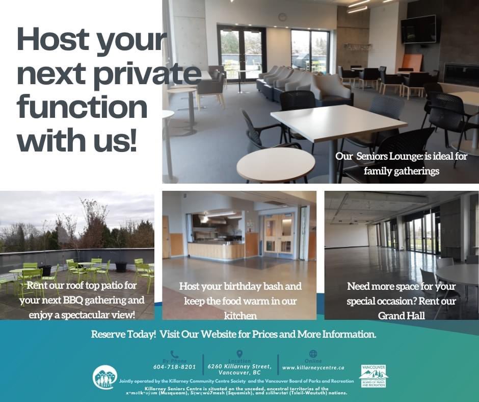 Contact us today to explore our selection of spaces and start planning your unforgettable event!
Contact our Rental Coordinator killarneyccrentals@vancouver.ca
or visit our website for more information killarneycentre.ca