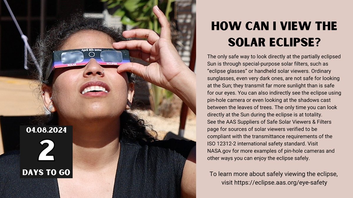 2 days to go!
How can you safely view the solar eclipse?
Learn more by visiting @AAS_Eclipse website: eclipse.aas.org/eye-safety