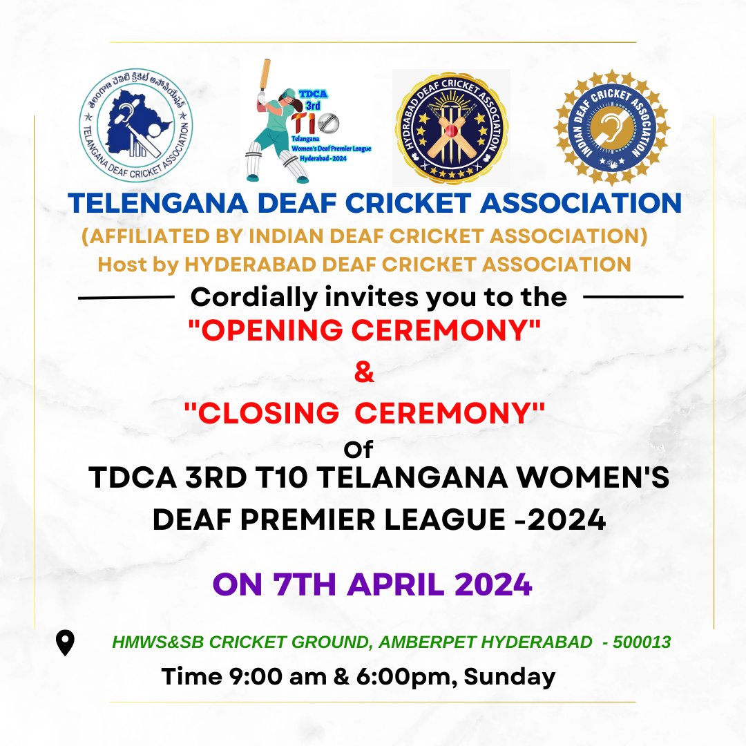 DeafTelangana's tweet photo. TDCA 3rd T10 Telangana Women's Deaf Premier league at HMWS&amp;SB CRICKET Ground, Amberpet, Hyderabad on 07 April 2024. @hydcacricket @SunRisers @JaganMohanRaoA @dcciofficial @indian_deaf @official_hdca24 https://t.co/fyk4R1yAqP