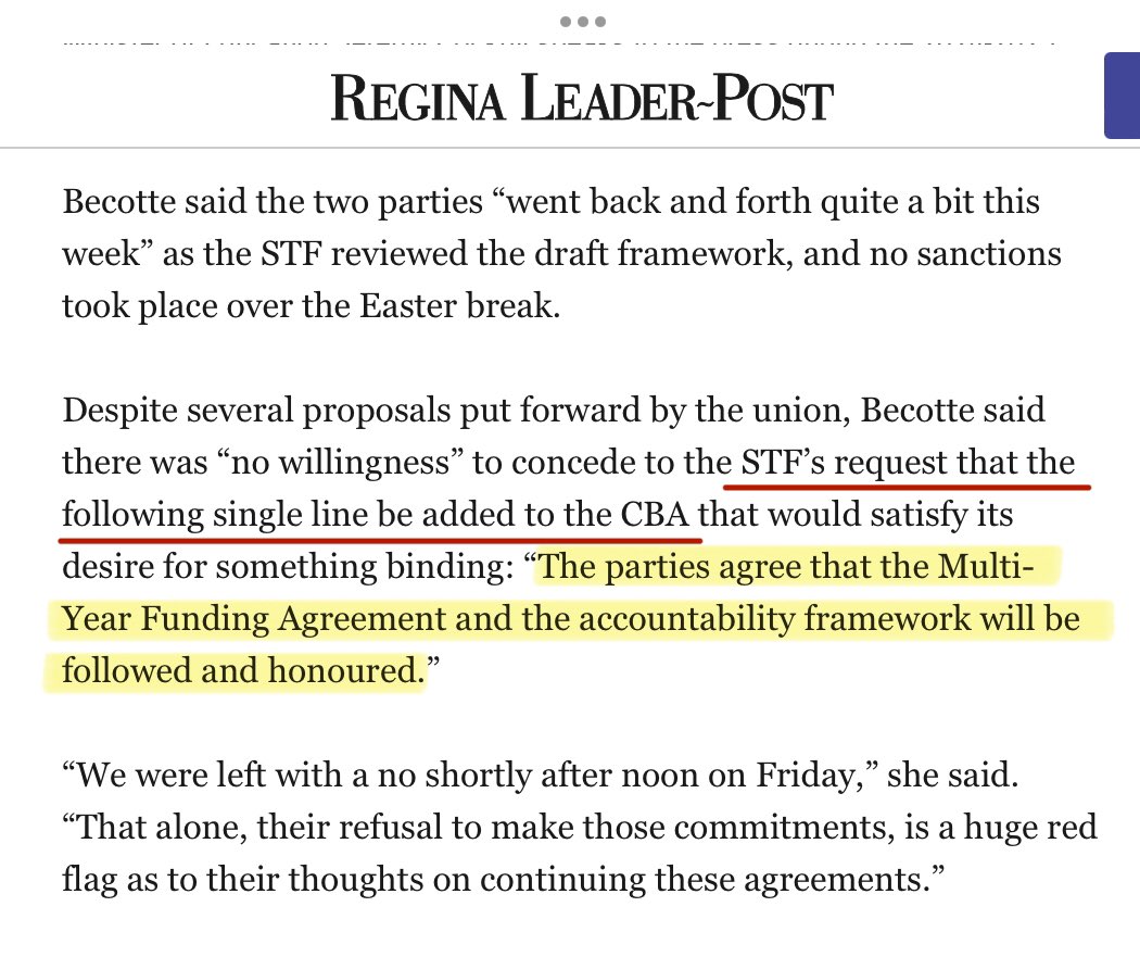 LHubich's tweet photo. Putting this single line in the Teachers Collective Agreement was Scott Moe’s “off ramp” and he refused to take it. He doesn’t want a settlement… he wants a scapegoat and another reason to rage farm to his anti worker corporate donors. He’s incapable of compromising. https://t.co/jOSfZT8ahl