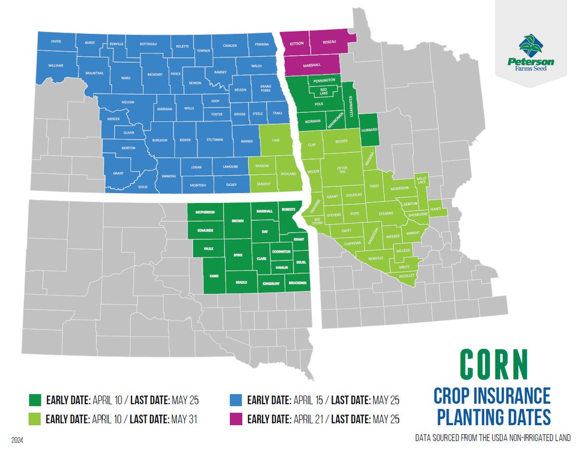 PFSeed's tweet image. EARLY PLANTING | The countdown is ON!

Unsure about those crop insurance dates? ⏰  Check the map to reference your area.
Our tri-state region is 7-10 days out from starting to plant CORN! And a few weeks from getting our soybeans in the ground.

petersonfarmsseed.com/wp-content/upl…