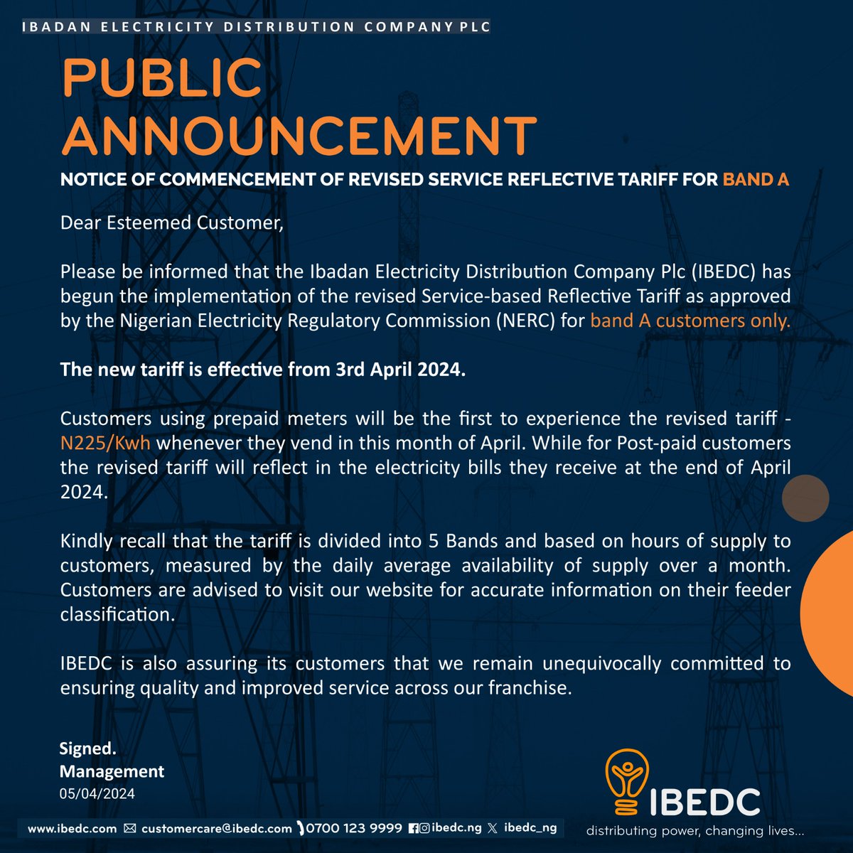 Public Announcement: Commencement of Revised Service Reflective Tariff for Band A #ibedc #distributingpower #changinglives