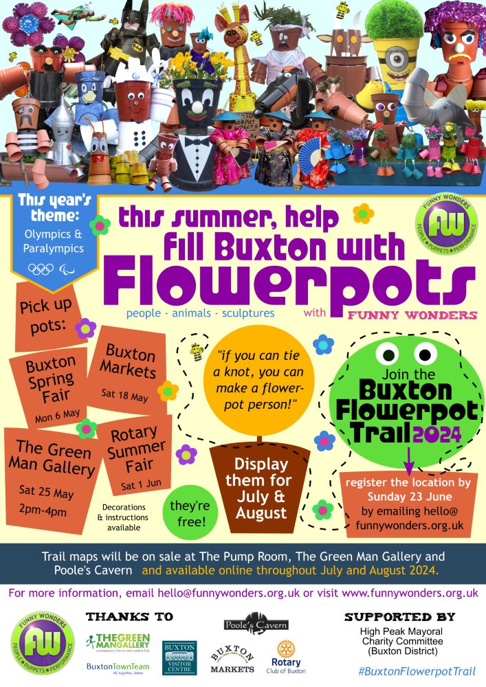 The #BuxtonFlowerpotTrail returns this July &amp; August and we’d love for you to get involved. 🥉🥈🥇

Full details are on our website: funnywonders.org.uk/2024/04/06/bux…

#Buxton #BuxtonCommunity #Buxton2024 #flowerpotpeople #BuxtonFestival #RefreshinglyBuxton #LoveBuxton #BuxtonArtTrail