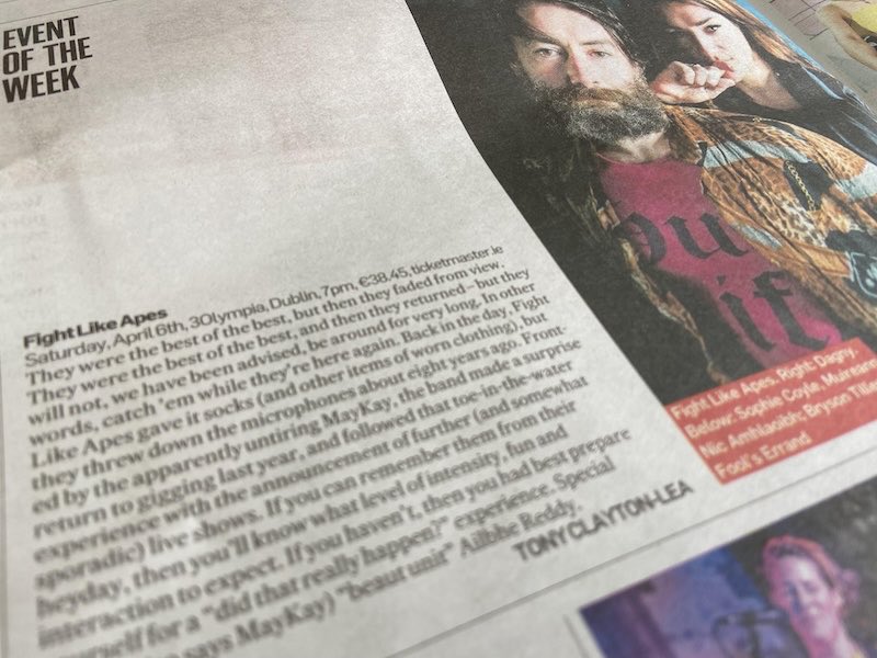 In this weekend’s Ticket @IrishTimesCultr, you are reminded to check out these fab arts-related events: @fightlikeapes @3olympiatheatre @Brysontiller @Vicar_Street @DagnyMusic @mcd_productions @sophiecoylefolk @OReillyTheatre @MusNetIrl @LaoisDeCantalun @TriskelCork @BGETheatre